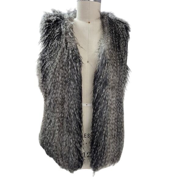 Via Spiga Faux Feather Fox Fur Open Vest Fully Lined Blk/Tan Sz L - Picture 1 of 5